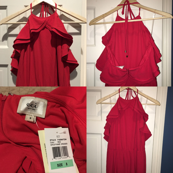 Red Wide Leg Ruffle Halter Ruffle Jumpsuit - Picture 3 of 4